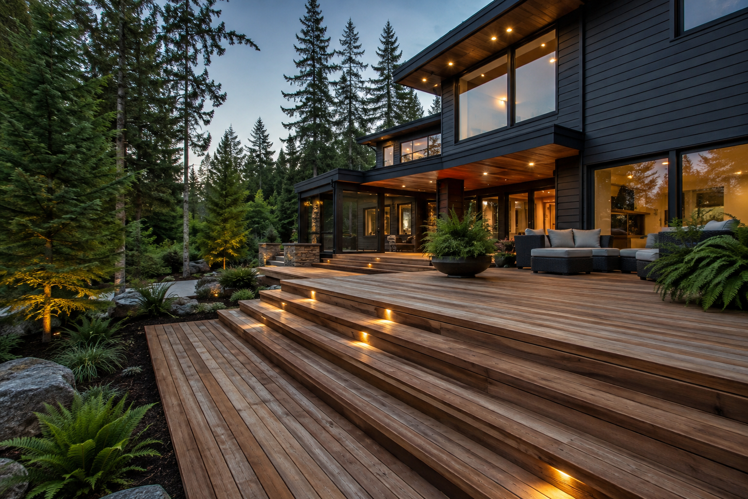 Illustrative modern cedar deck beside a charcoal-clad home